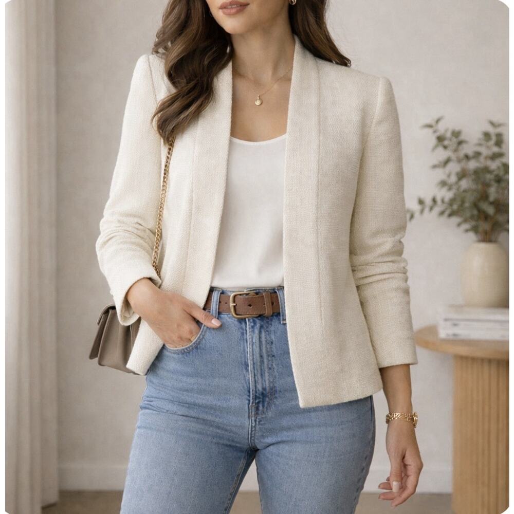 NWT Mina Self Sz L Blk Boucle Textrd Tweed Open Front Shldr Pads Seaming Blazer